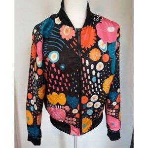 Women's Bomber Jacket Japanese Flower Print Size M